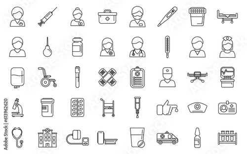 Nursing assistant icons set outline vector. Elder people. Care patient