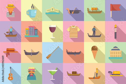 Gondolier icons set flat vector. Venice bridge. Boat canal