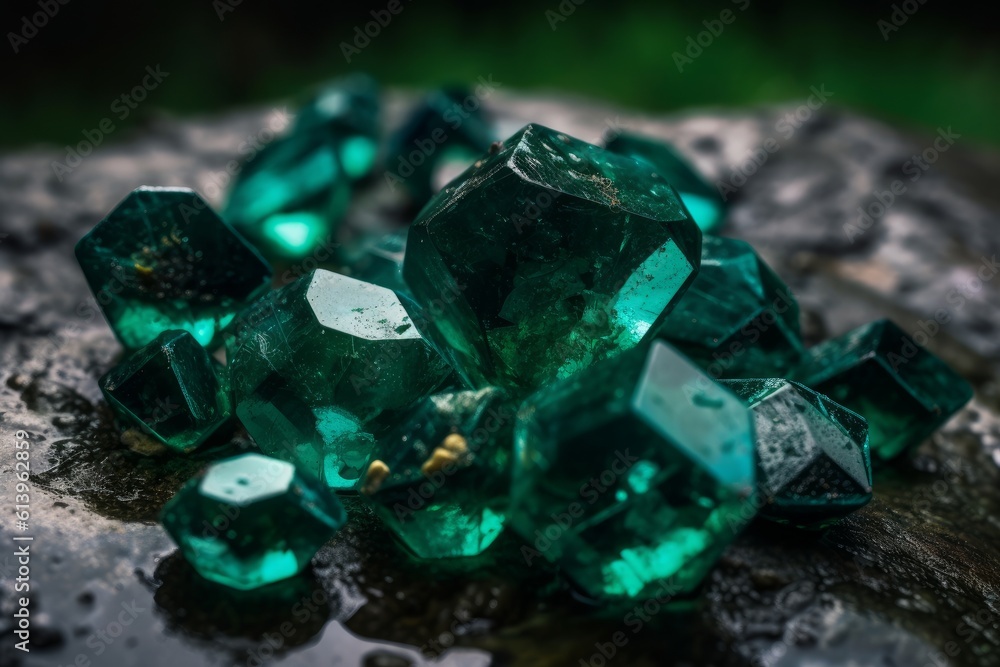 beautiful emeralds on top of a wet stone beautiful emeralds on top of a wet stone