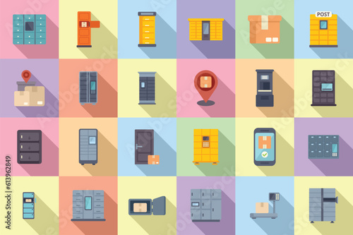 Self-service parcel delivery icons set flat vector. Locker automat. Parcel station