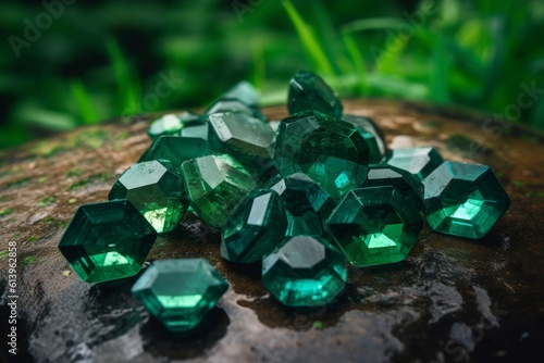 beautiful emeralds on top of a wet stone