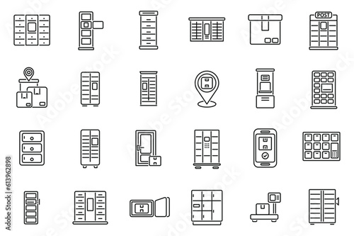 Self-service parcel delivery icons set outline vector. Locker automat. Parcel station