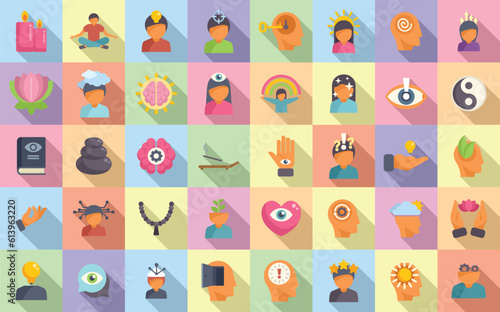 Mindfulness icons set flat vector. Mind relax. Peace human