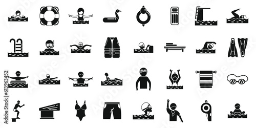 Swimming lessons icons set simple vector. Gym towel. Bag swim