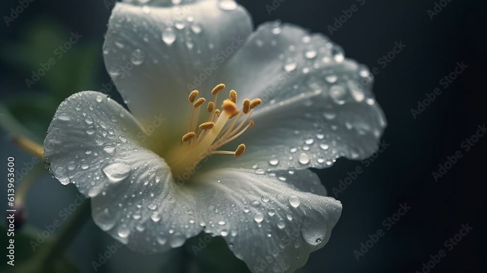 Fototapeta premium Closeup shot of a white flower with dark theme and waterdrops