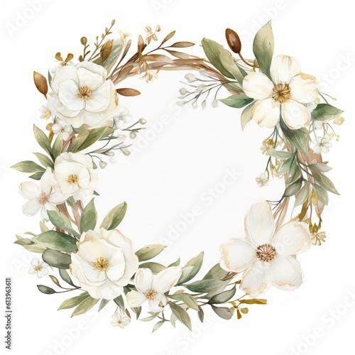 Watercolor floral wreath of summer wildflowers flowers isolated on white background. Generative AI. © svetlana_cherruty