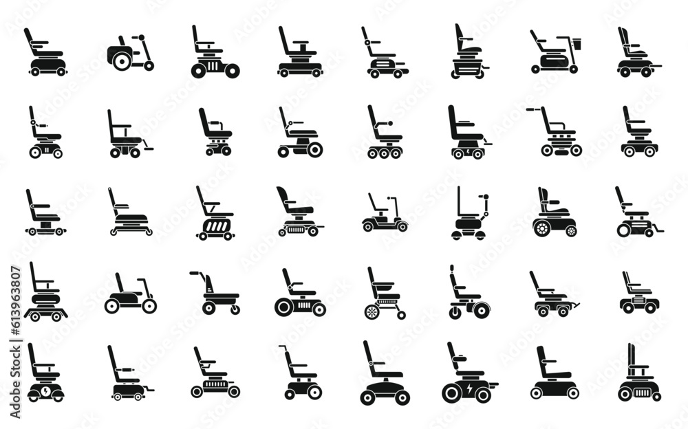 Electric wheelchair icons set simple vector. Adult care. Help hospital
