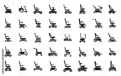 Electric wheelchair icons set simple vector. Adult care. Help hospital