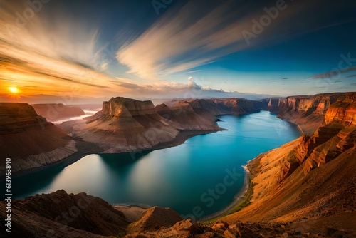 Beautiful lake in the middle of desert mountains, sunset sky, stunning view, amazing nature photography, national geographic award winning photo in the style of national geographic