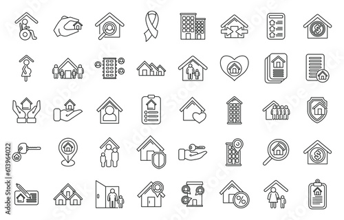 Social housing icons set outline vector. Home work. Stay care