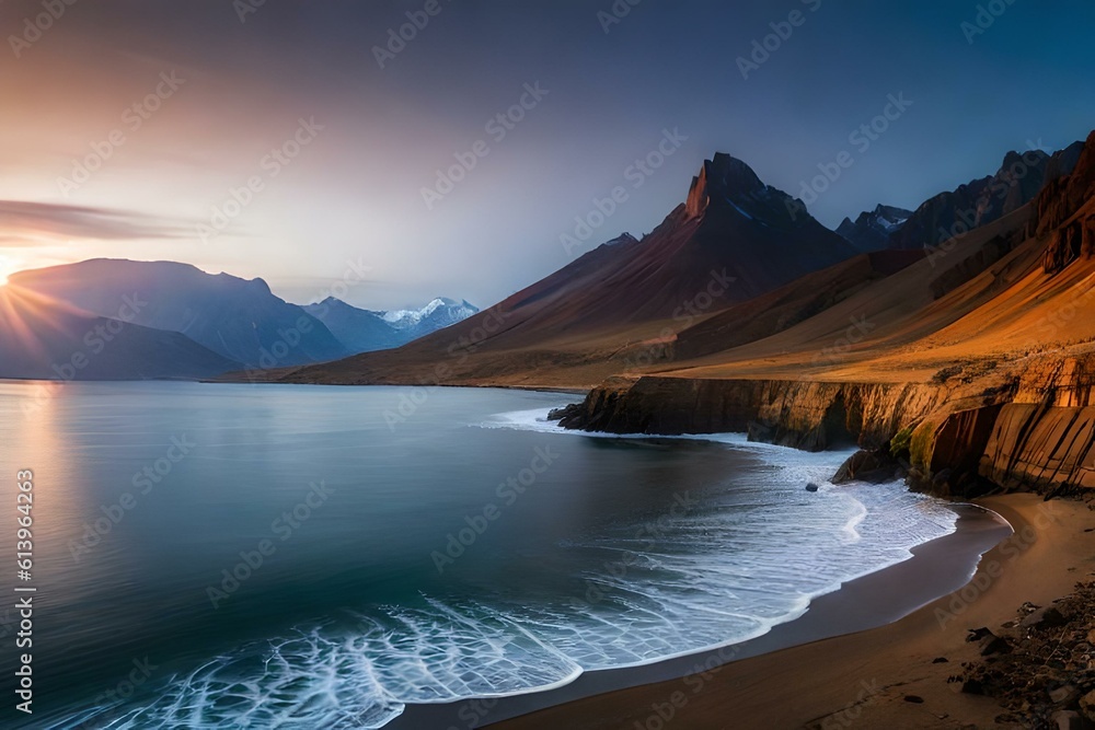 A stunning landscape photograph of the mountains and beach in Iceland, with a deep blue sea reflecting sunlight from distant peak