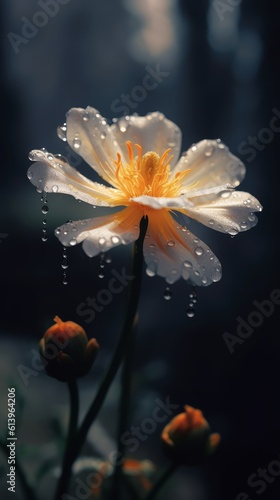 Closeup shot of a white flower with dark theme and waterdrops