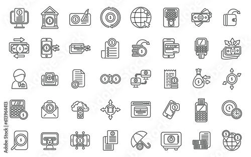 Banking transactions icons set outline vector. Online bank. Mobile app