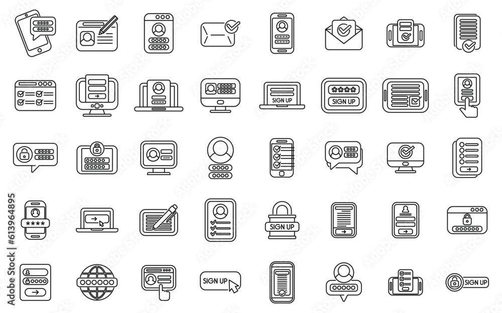 Online registration icons set outline vector. Apply device. Form register Online registration icons set outline vector. Apply device. Form register