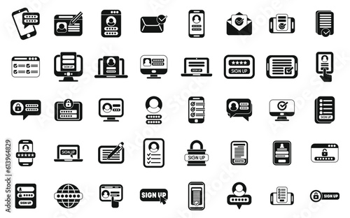 Online registration icons set simple vector. Apply device. Form register