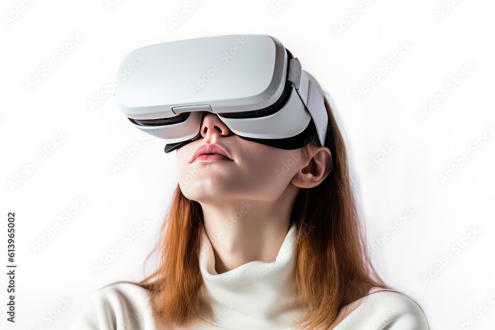 Beautiful cyber woman face in virtual reality glasses isolated on white background AI Generative AI