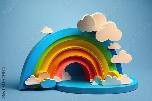 Rainbow and clouds on blue background