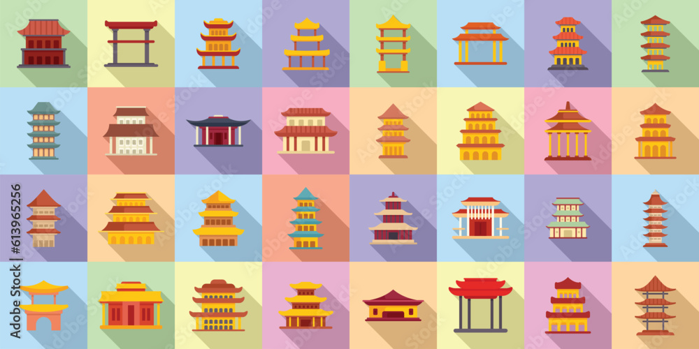 Pagoda icons set flat vector. Asian temple. Roof japanese