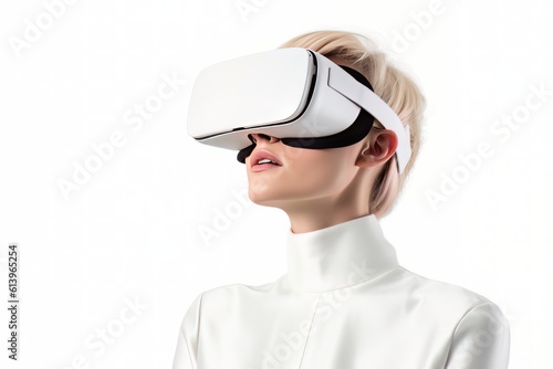 Beautiful cyber woman face in virtual reality glasses isolated on white background AI Generative AI