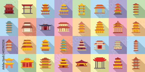 Pagoda icons set flat vector. Asian temple. Roof japanese