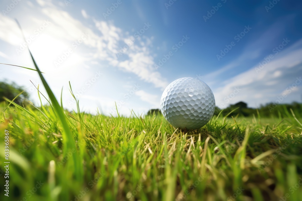 Golf ball in the grass close up. Generative AI Golf ball in the grass close up. Generative AI