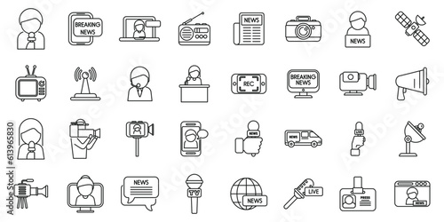 TV reporter icons set outline vector. Studio tv. Camera crew