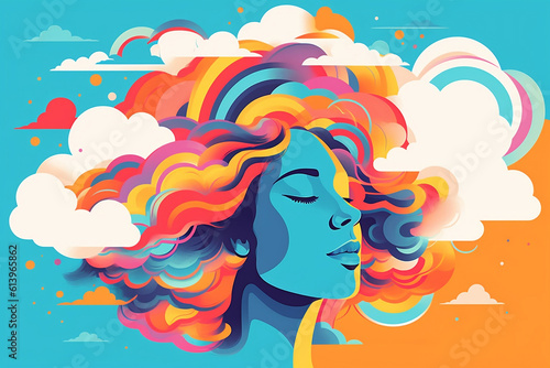 Illustration of a woman with head in the clouds --Generative AI