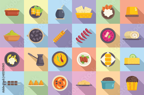 Brazilian culinary icons set flat vector. Rice plate. Meat fried