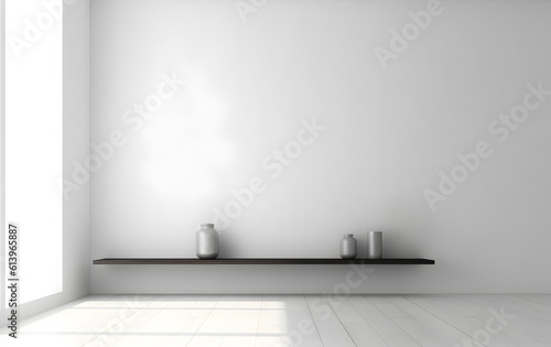 Creative interior concept. Large blank empty minimal wall room with long shelf and natural shadow. Banner template for product presentation. Mock up. copy text space