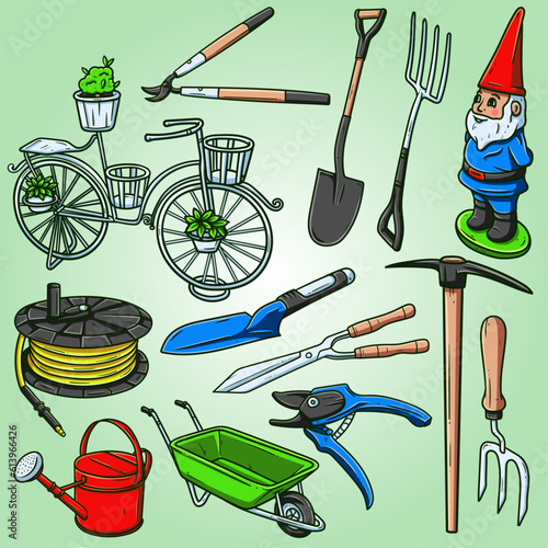 Gardening tools illustration - Set of 12 cute gardening tools, hand drawn