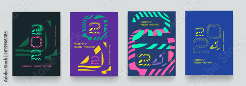 2024 year in purple, blue, yellow, green color background. Happy new year and christmas. Abstract design typography for banner, poster, background or card. Vector technology numbers.