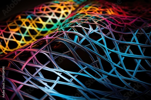 Abstract neon background: polymer weaving structure, close-up canvas. Generative AI