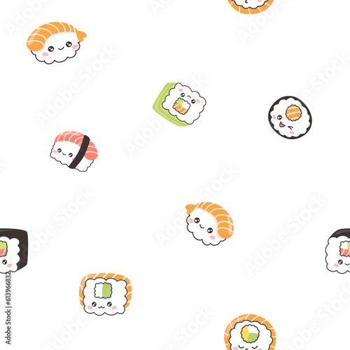 Seamless vector pattern. Different kinds of sushi and rolls on white background, pattern with Japanese food. Vector illustration