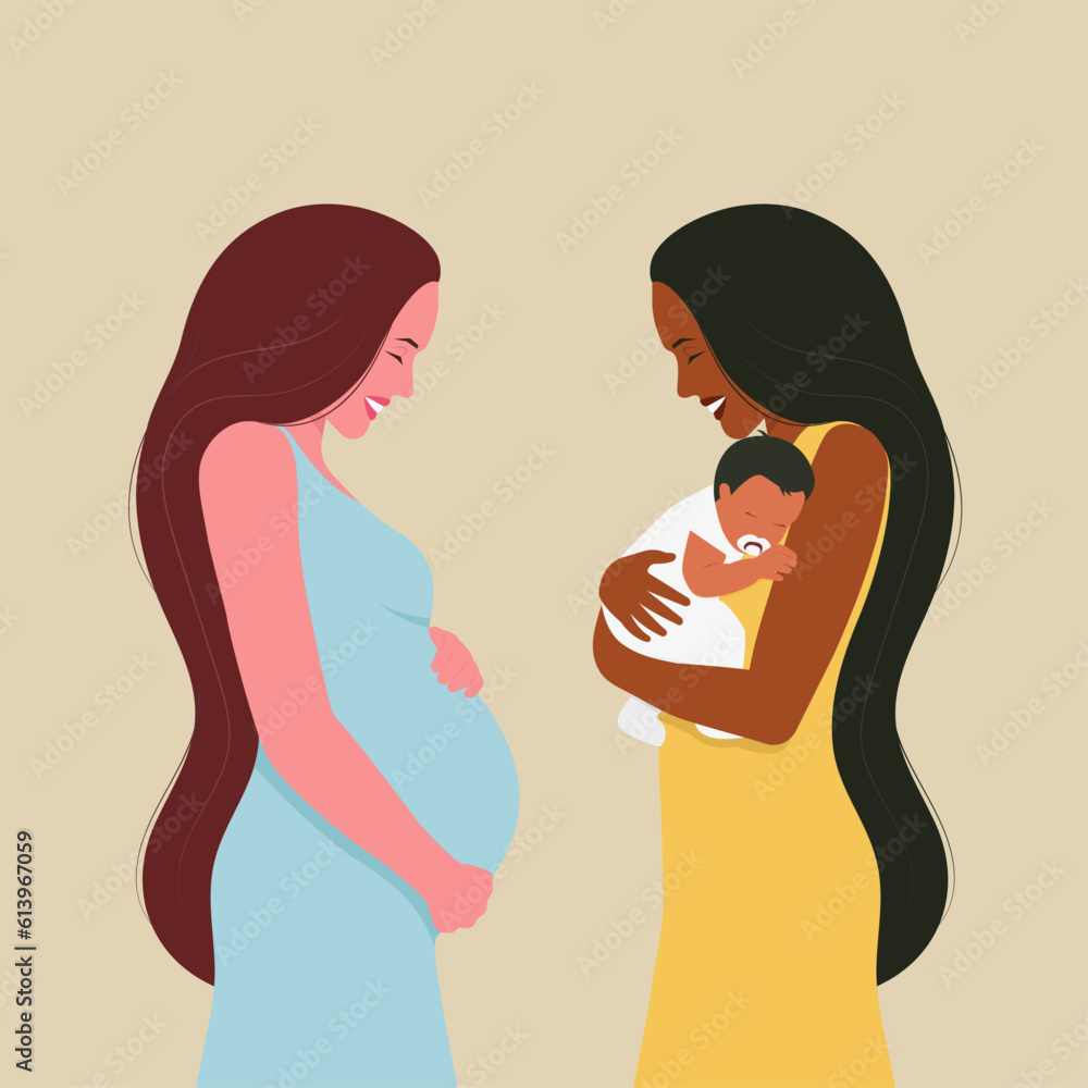 Vector illustration of a pregnant woman and a woman with a newborn baby. Isolated on white background Vector illustration of a pregnant woman and a woman with a newborn baby. Isolated on white background