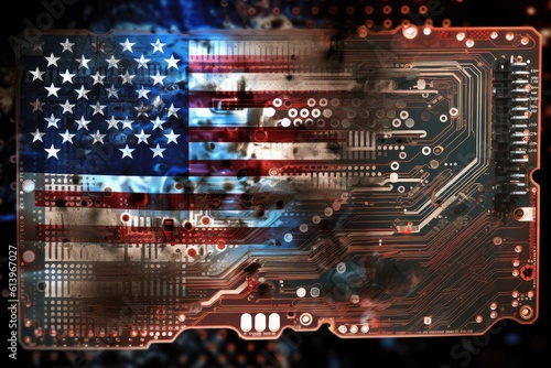 USA flag in form of old electronic chip. Generative AI