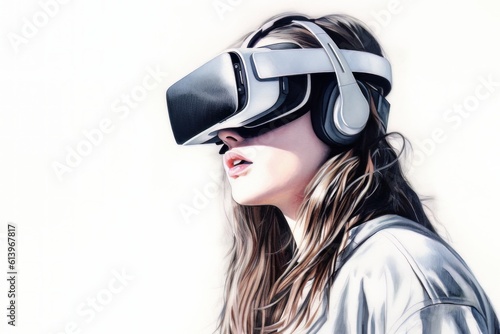 Beautiful cyber woman face in virtual reality glasses isolated on white background AI Generative AI