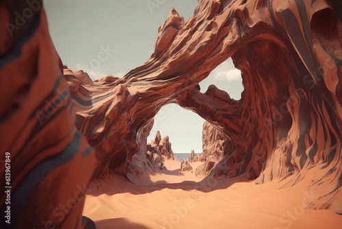 A surreal illustration of a distorted or manipulated natural formation, such as a sandstone arch or lava flow, Generative AI