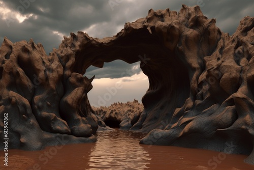 A surreal illustration of a distorted or manipulated natural formation, such as a sandstone arch or lava flow, Generative AI