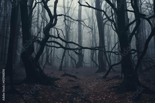 Creepy dark forest with dry trees. Created using generative AI.