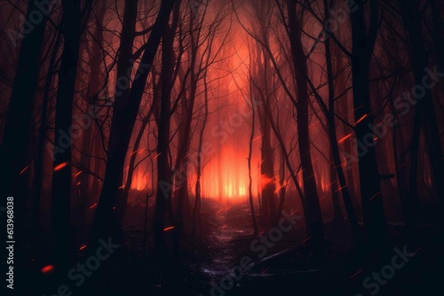 Fotografie, Obraz Creepy dark forest with dry trees. Created using generative AI.