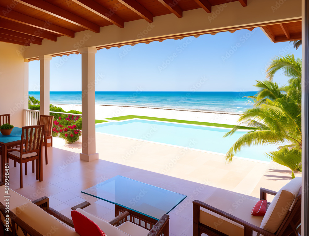 Obraz premium Living beach lounge - ocean villa on Sea view for vacation and summer, generative ai. Amazing nature, beach view, relax, vacation concept