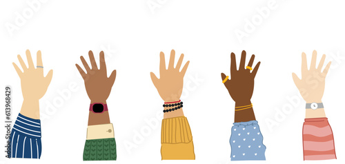 Raised human hands. A group of multiracial people.