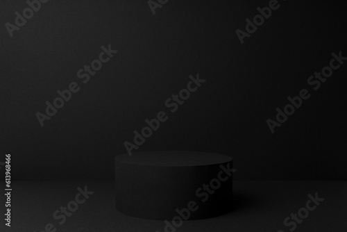 Abstract black stage with one round podium mockup for presentation cosmetic products, goods, advertising, design, card, poster, sale, flyer, text in soft gradient color, in modern simple style.