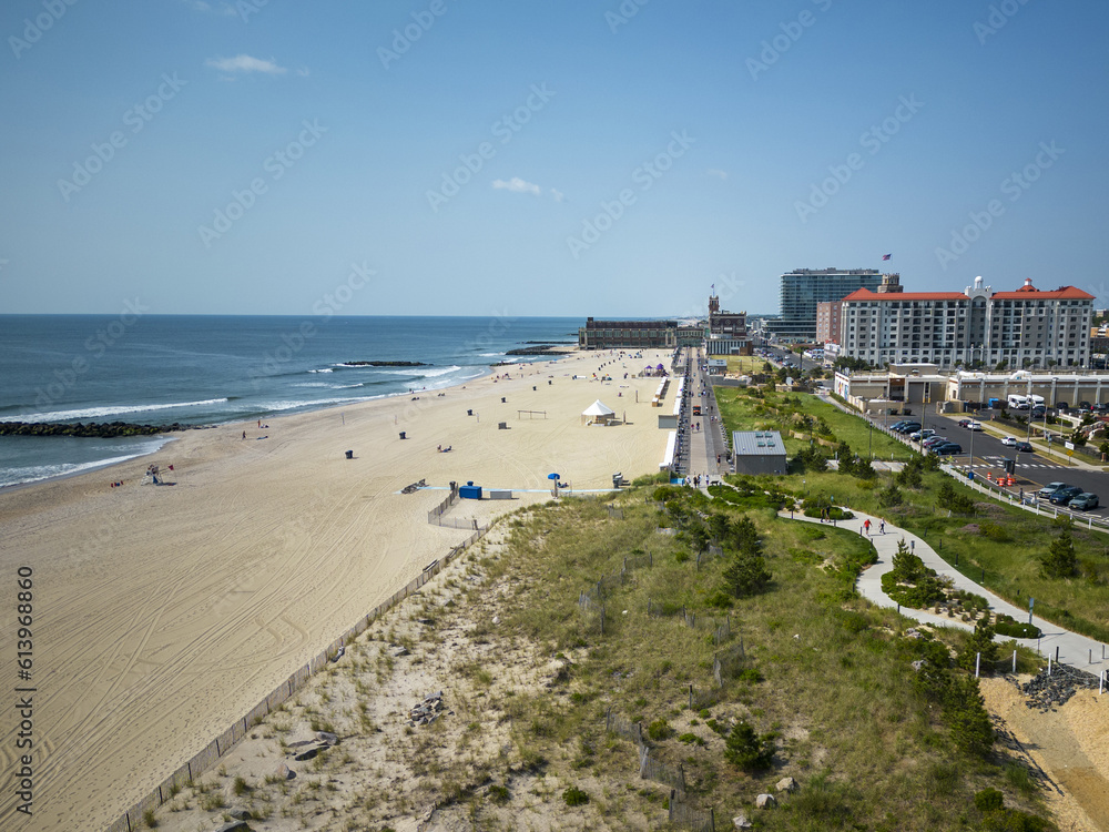 Asbury Park beach and boardwalk taken from above by a drone