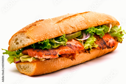 salmon Submarine sandwich on a white background