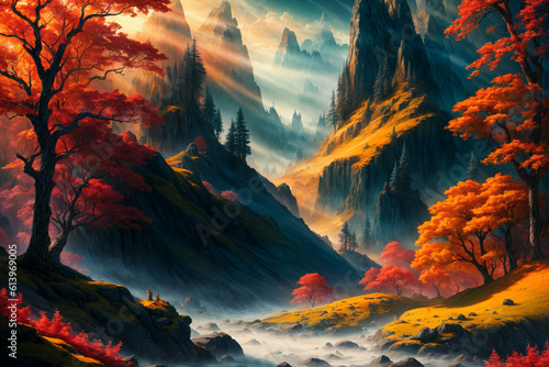 Fantasy autumn mountain, painting, Generative AI illustrations