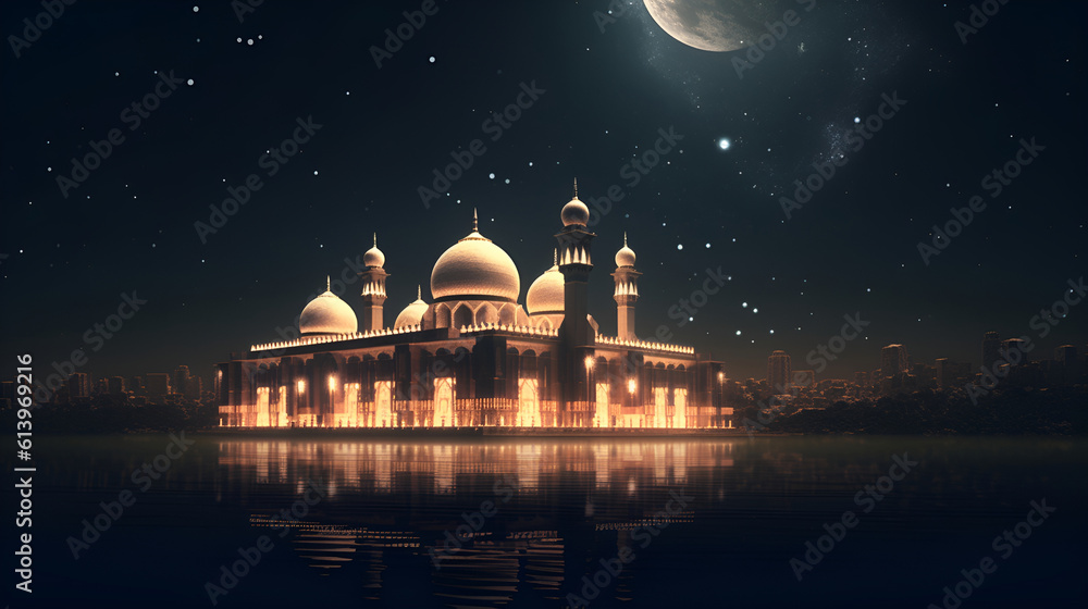 Beautiful Islamic Arabic Style Mosque Night View 