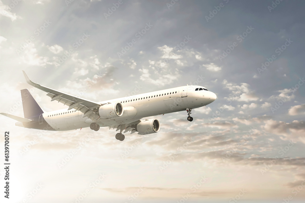 Fototapeta premium Commercial airplane flying above dramatic clouds in beautiful sunset light
