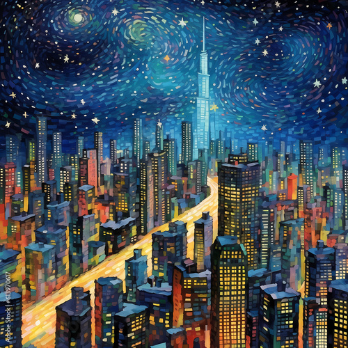 colorful illustration of a city skyline at night with starry sky