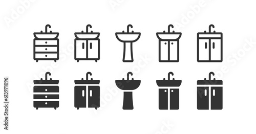 Different sink icon set. Bathroom symbol. Water, flow, kitchen, washbasin, washing. Outline and flat style. Flat design. Vector illustration